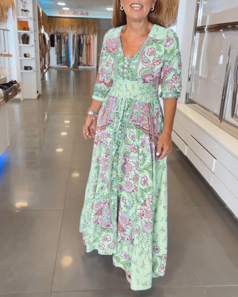 Vakantiejurk met V-hals en 3/4 mouwen