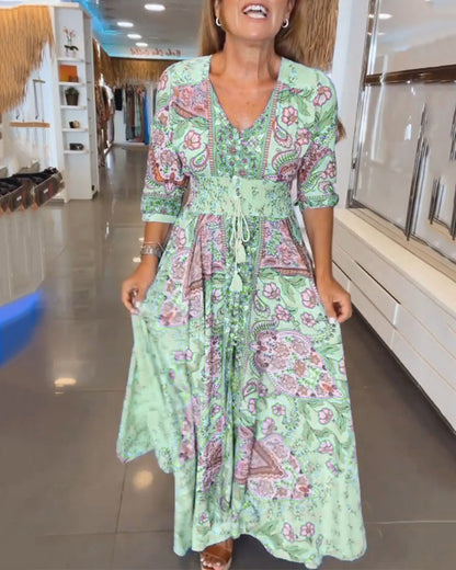 Vakantiejurk met V-hals en 3/4 mouwen