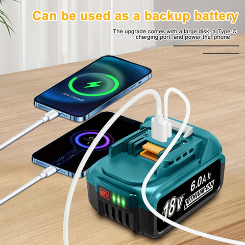18V Lithium-Ion Accu (6.0Ah, USB & Type-C Oplaadbaar, Compatibel met Makita Gereedschap)