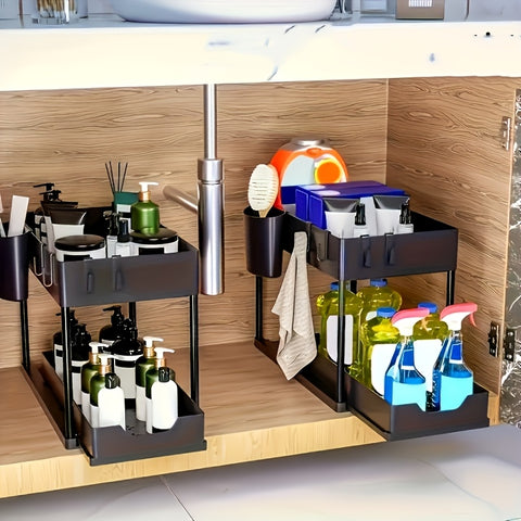 2-Laags Ondergootsteen Organizer (Schuifbaar, Met Haken, Voor Keuken & Badkamer)