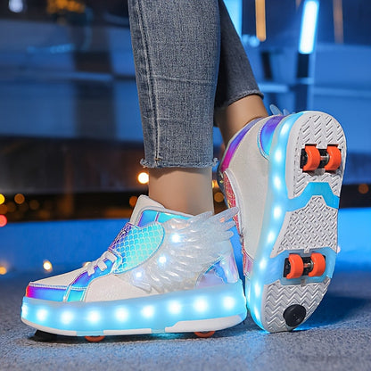 Lichtgevende Rolschaats Sneakers met Vleugels – USB Oplaadbaar voor Meisjes en Tieners
