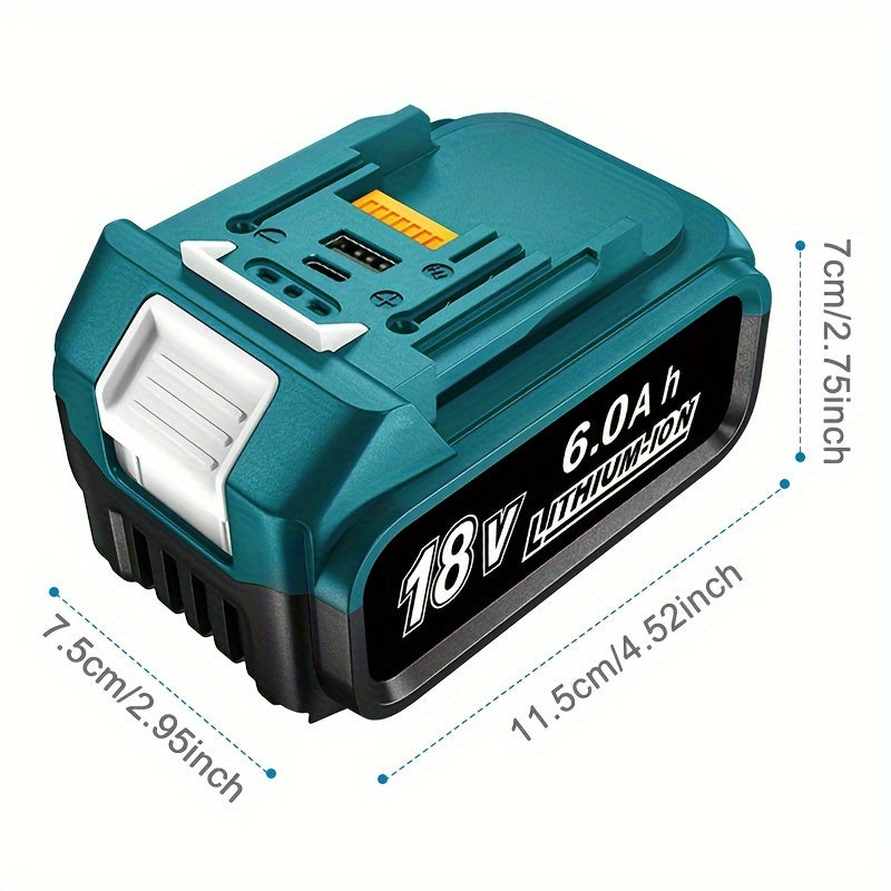 18V Lithium-Ion Accu (6.0Ah, USB & Type-C Oplaadbaar, Compatibel met Makita Gereedschap)