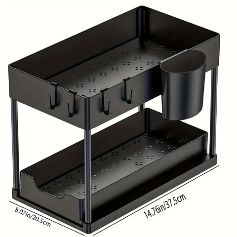 2-Laags Ondergootsteen Organizer (Schuifbaar, Met Haken, Voor Keuken & Badkamer)