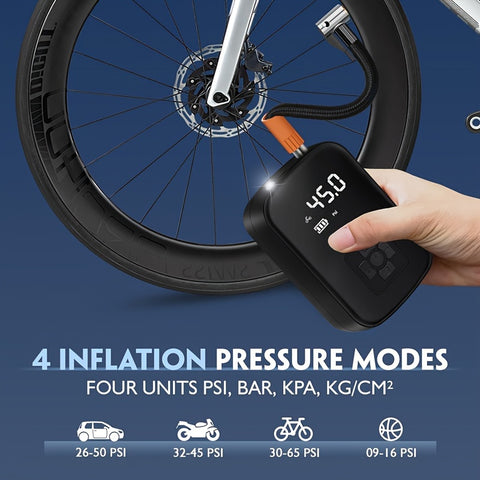 Draagbare Auto Luchtcompressor (USB-C Oplaadbaar, LED Licht, Snelle Bandenpomp voor Auto, Motor & Fiets)