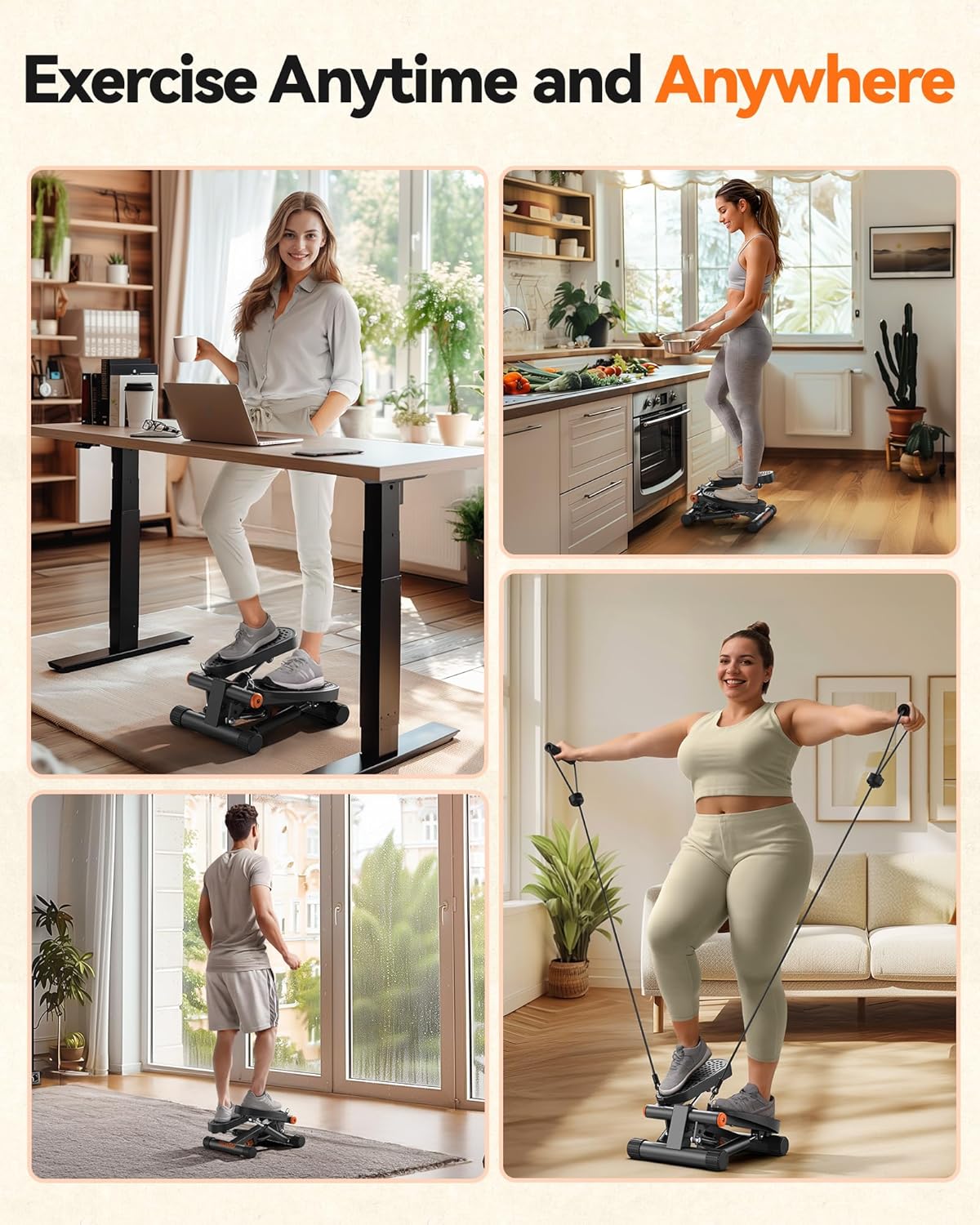 Mini Stepper met Weerstandsbanden (Hydraulisch, Compact Fitnessapparaat voor Thuis & Kantoor)