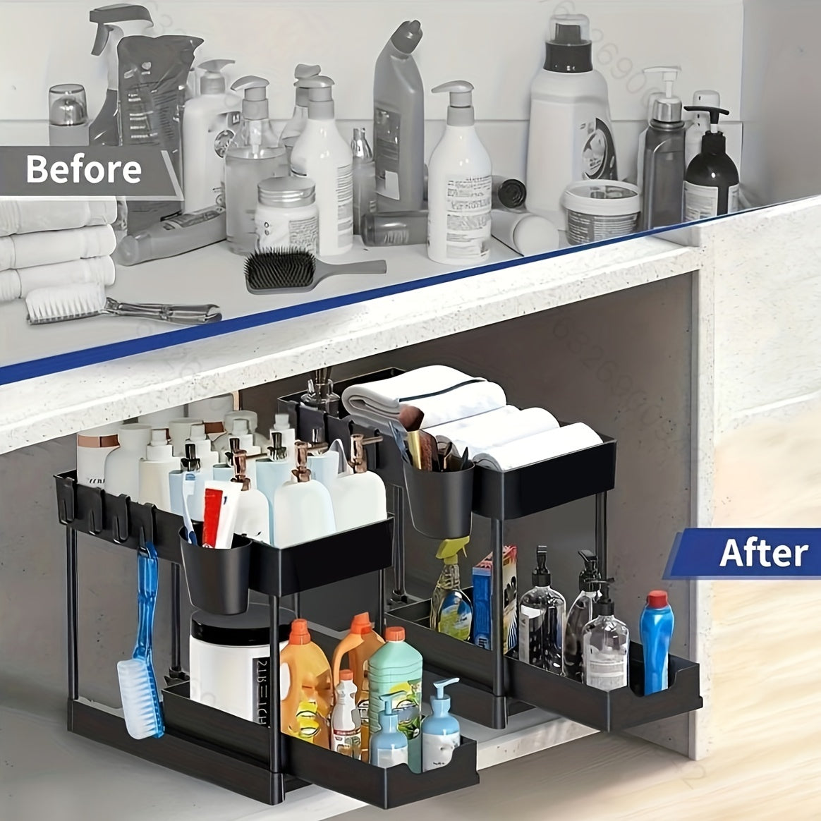 2-Laags Ondergootsteen Organizer (Schuifbaar, Met Haken, Voor Keuken & Badkamer)