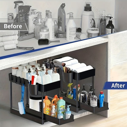 2-Laags Ondergootsteen Organizer (Schuifbaar, Met Haken, Voor Keuken & Badkamer)