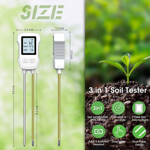 3-in-1 Digitale Bodemmeter (PH, Vocht & Temperatuur, LCD Display, Tuin & Kamerplanten Tester)