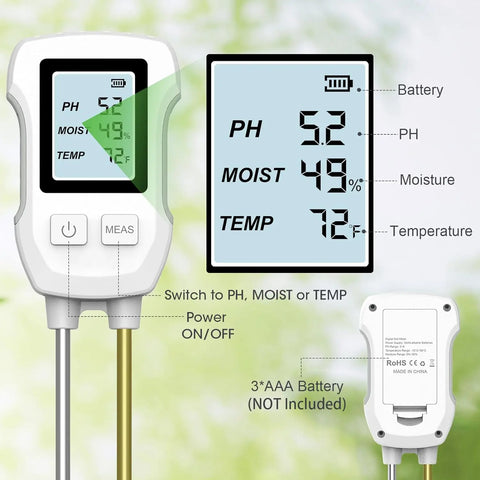 3-in-1 Digitale Bodemmeter (PH, Vocht & Temperatuur, LCD Display, Tuin & Kamerplanten Tester)