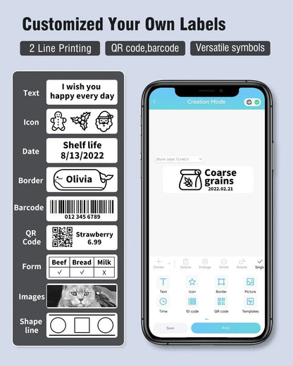 Draagbare Bluetooth Labelprinter (Oplaadbaar, Sticker- & Labelmaker, iOS & Android, Voor Thuis, Kantoor & School)