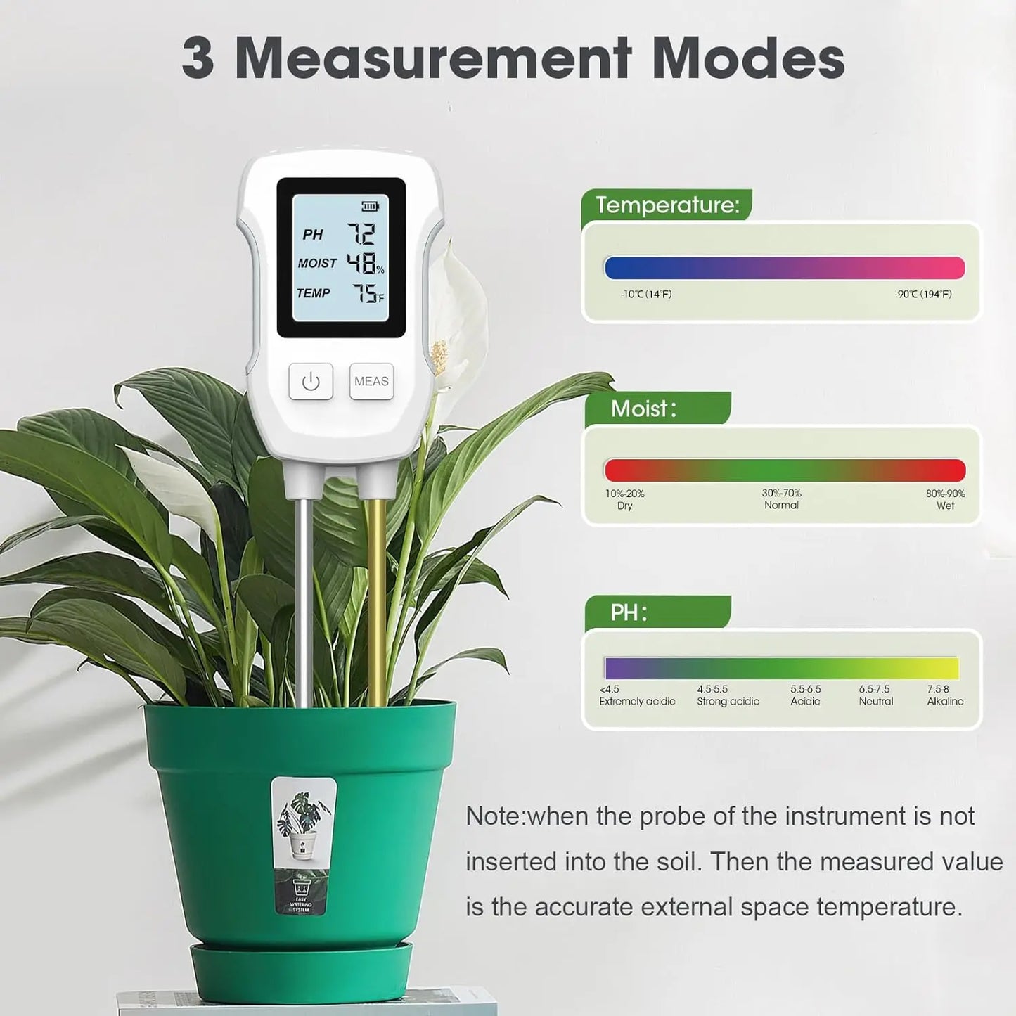 3-in-1 Digitale Bodemmeter (PH, Vocht & Temperatuur, LCD Display, Tuin & Kamerplanten Tester)
