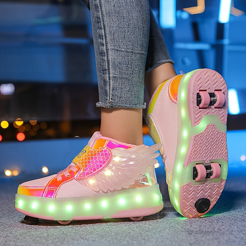 Lichtgevende Rolschaats Sneakers met Vleugels – USB Oplaadbaar voor Meisjes en Tieners