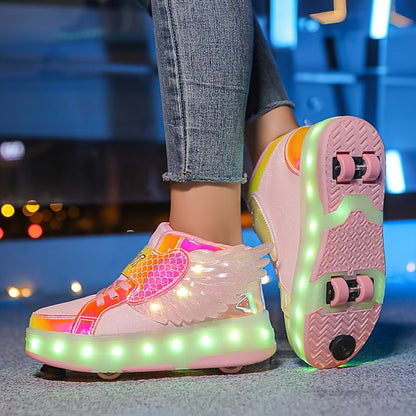 Lichtgevende Rolschaats Sneakers met Vleugels – USB Oplaadbaar voor Meisjes en Tieners
