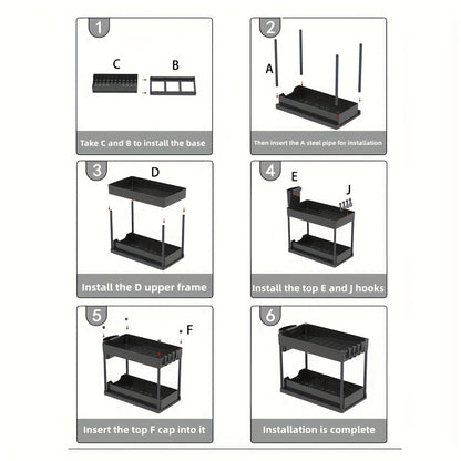 2-Laags Ondergootsteen Organizer (Schuifbaar, Met Haken, Voor Keuken & Badkamer)