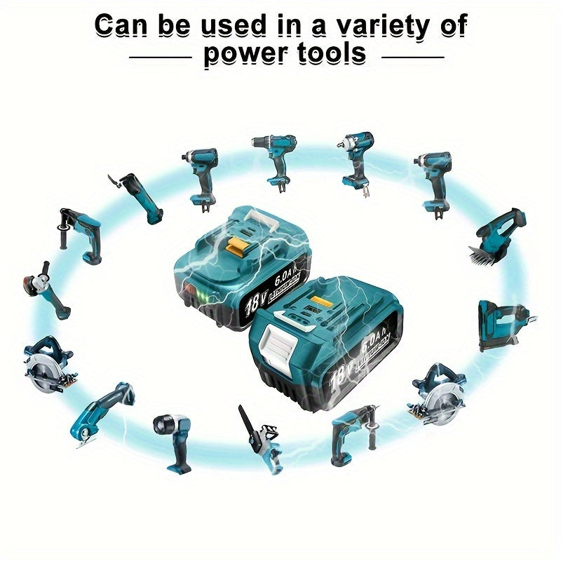 18V Lithium-Ion Accu (6.0Ah, USB & Type-C Oplaadbaar, Compatibel met Makita Gereedschap)