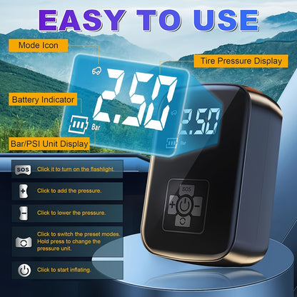 Draagbare Auto Luchtcompressor (USB-C Oplaadbaar, LED Licht, Snelle Bandenpomp voor Auto, Motor & Fiets)