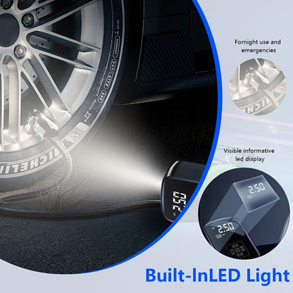 Draagbare Auto Luchtcompressor (USB-C Oplaadbaar, LED Licht, Snelle Bandenpomp voor Auto, Motor & Fiets)