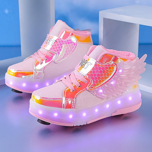 Lichtgevende Rolschaats Sneakers met Vleugels – USB Oplaadbaar voor Meisjes en Tieners