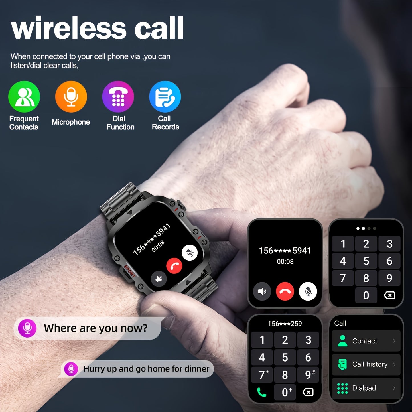 Robuuste Smartwatch voor Heren (Draadloze Gesprekken, AI Spraakbesturing, 100+ Apps, Waterbestendig)